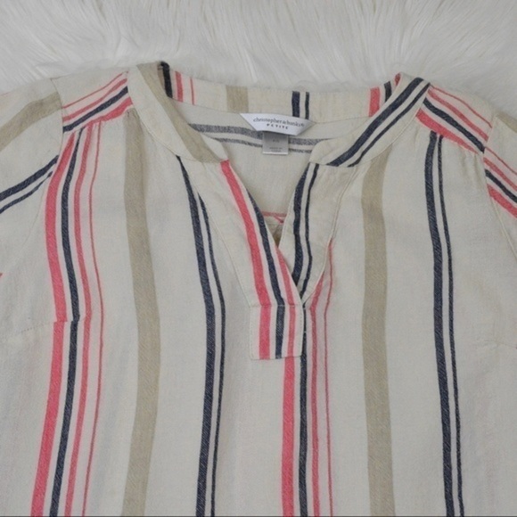 Linen Blend Short Tie Sleeve Pullover V-Neck Striped Blouse, Size Petite Small - Picture 5 of 7